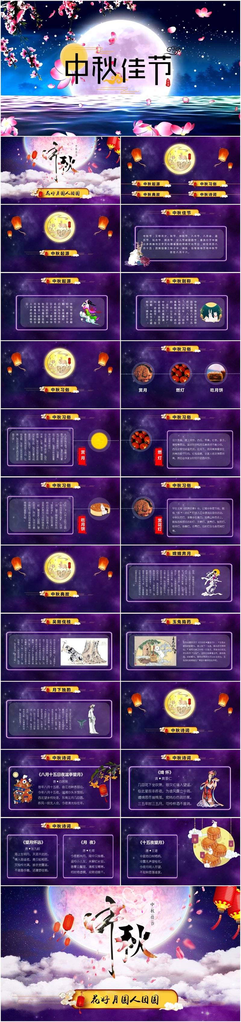 八月十五中秋佳节花好月圆人团圆习俗文化经典诗词PPT模板